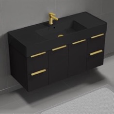 48 inch Floating Bathroom Vanity With Black Sink - Modern, Matte Black, Gold Handles